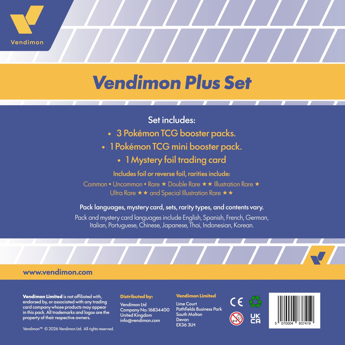 Back of a Vendimon Plus Set Pokémon TCG booster pack package, showing set contents, pack languages, and a barcode on a blue, yellow, and white design.