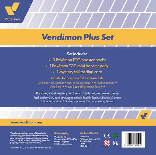 Back of a Vendimon Plus Set Pokémon TCG booster pack package, showing set contents, pack languages, and a barcode on a blue, yellow, and white design.