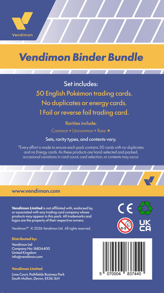 Back cover of a Vendimon Binder Bundle product package, showing product details, branding, a barcode, and certification logos on a white background.
