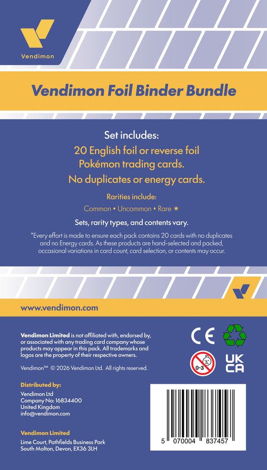 Back cover of a Vendimon Foil Binder Bundle package, showing product details, included trading cards, brand information, and a barcode on a white background.
