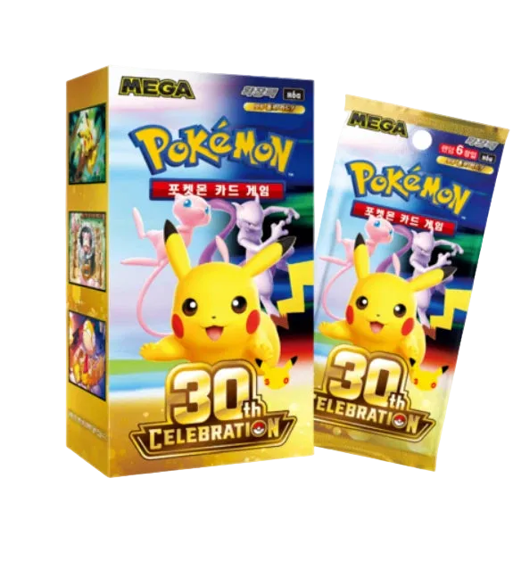 Pokémon Mega Card Game 30th Celebration booster pack box and individual packet packaging, featuring Pikachu and other characters on a white background.