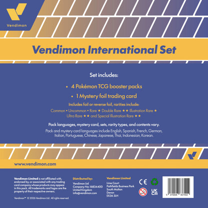 Vendimon International Set Pokémon TCG booster pack back card packaging, featuring a blue and yellow design with text detailing the set contents and a barcode.