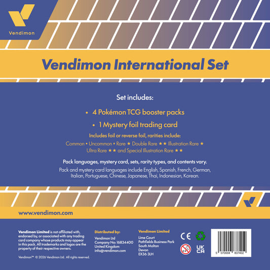 Vendimon International Set Pokémon TCG booster pack back card packaging, featuring a blue and yellow design with text detailing the set contents and a barcode.
