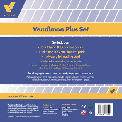 Back of a Vendimon Plus Set Pokémon TCG booster pack package, showing set contents, pack languages, and a barcode on a blue, yellow, and white design.