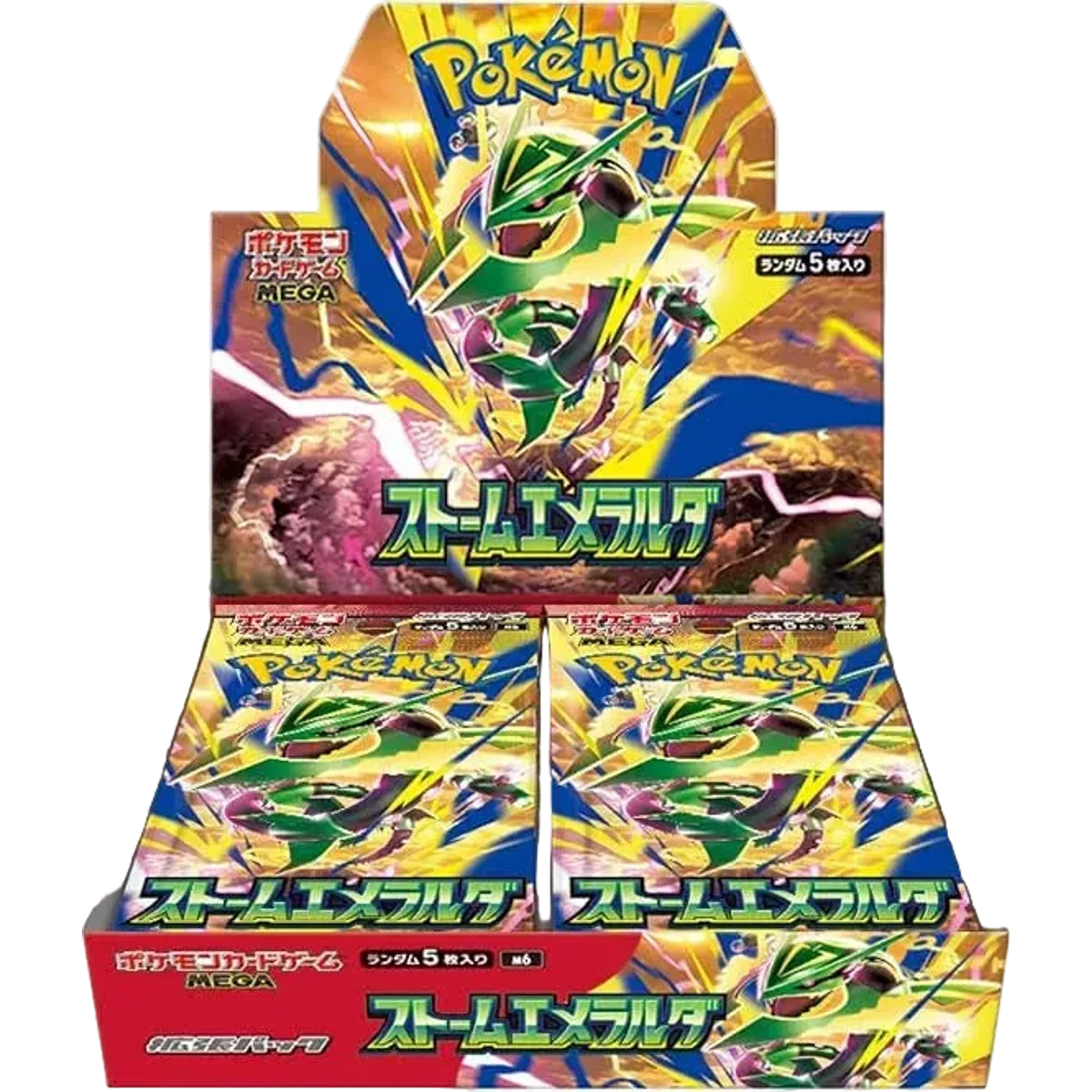 `Pokémon Storm Emeralda M6 Japanese Booster Box display packaging featuring Mega Rayquaza artwork`