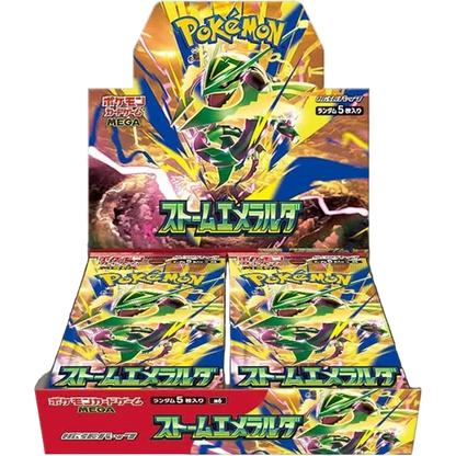 `Pokémon Storm Emeralda M6 Japanese Booster Box display packaging featuring Mega Rayquaza artwork`