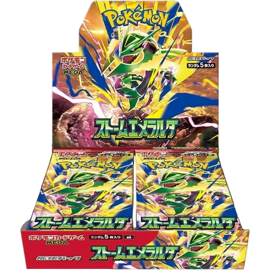 `Pokémon Storm Emeralda M6 Japanese Booster Box display packaging featuring Mega Rayquaza artwork`