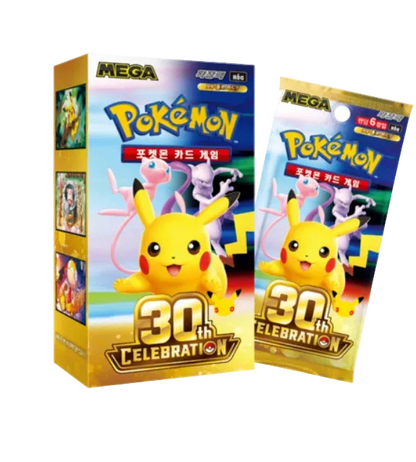 Pokémon Mega Card Game 30th Celebration booster pack box and individual packet packaging, featuring Pikachu and other characters on a white background.