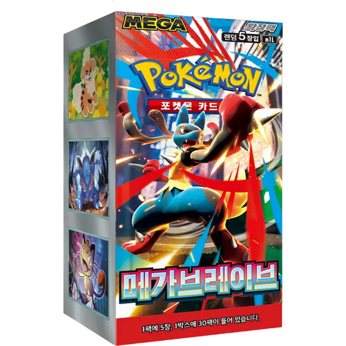 Pokémon Mega Brave M1L Korean Booster Box sealed packaging featuring Mega Lucario artwork